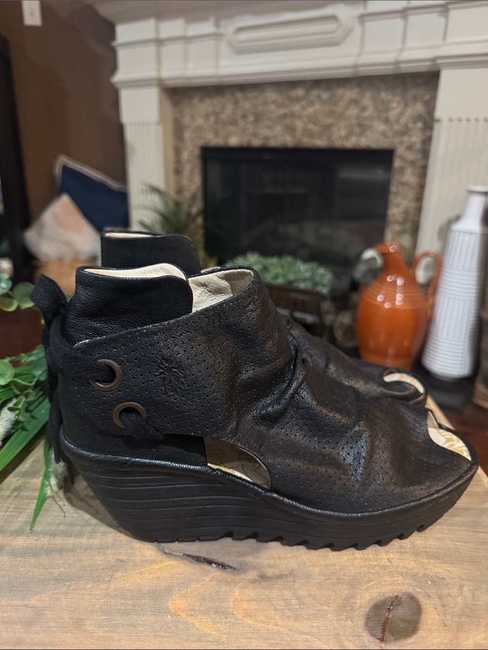 Fly London Yame Platform Peep Toe Lace-Up Wedge Sandals Black EU 40 US 7.